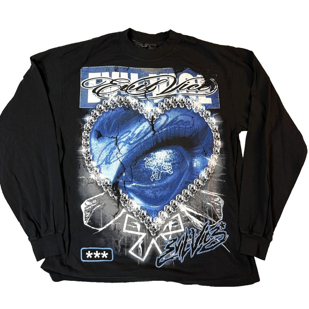 Evil‎ Vice Black Long Sleeve T Shirt Mens L Bling Heart AOP Y2K NWT